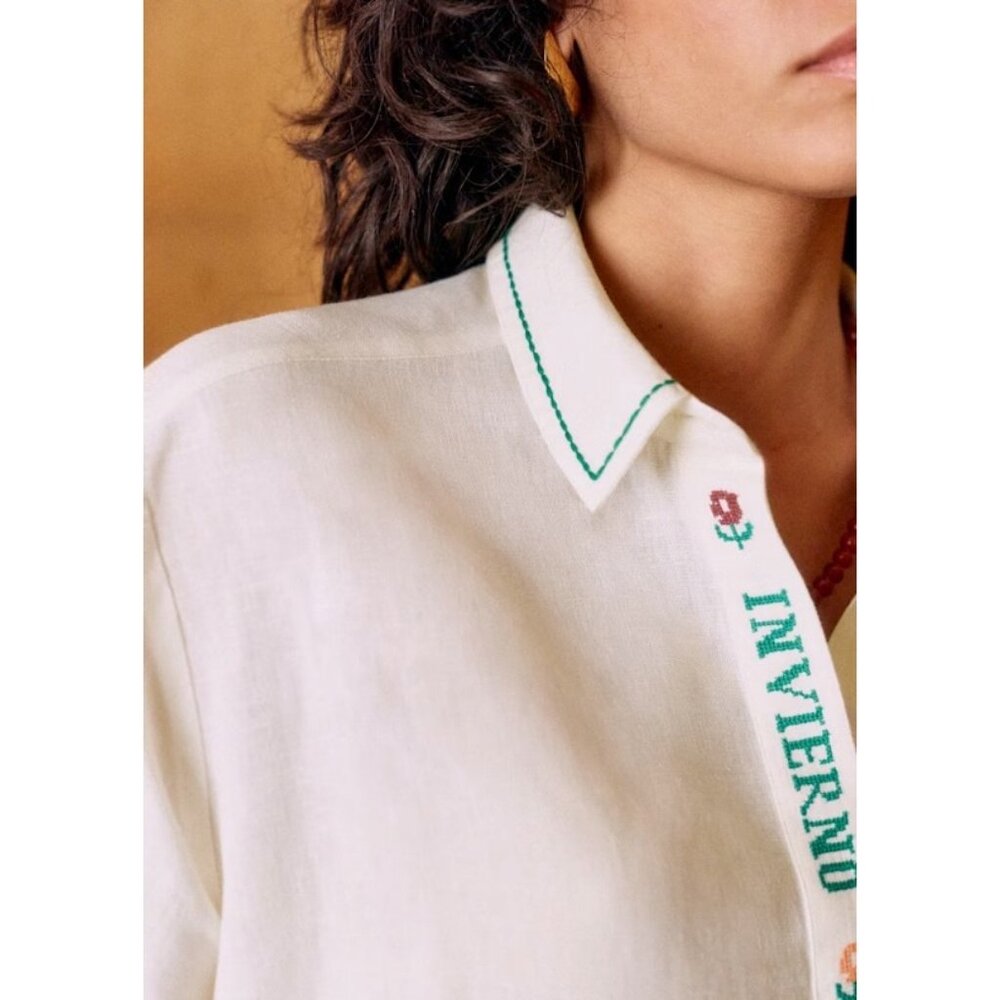 Sézane x Lucia Vergara Maxima Shirt Ecru with Embroidery-sz 38 (US 6) - Picture 2 of 14